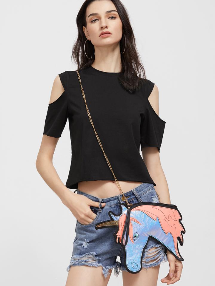 Romwe Blue Pu Leather Unicorn Shaped Crossbody Chain Bag