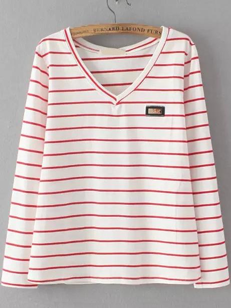 Romwe V Neck Long Sleeve Striped Red T-shirt