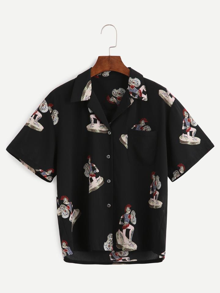 Romwe Black Cartoon Print Pocket Chiffon Blouse