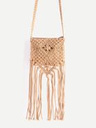 Romwe Khaki Tassel Detail Straw Crossbody Bag