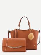 Romwe Brown Pu Pom Pom Trim Convertible Handbag With Chain Bag
