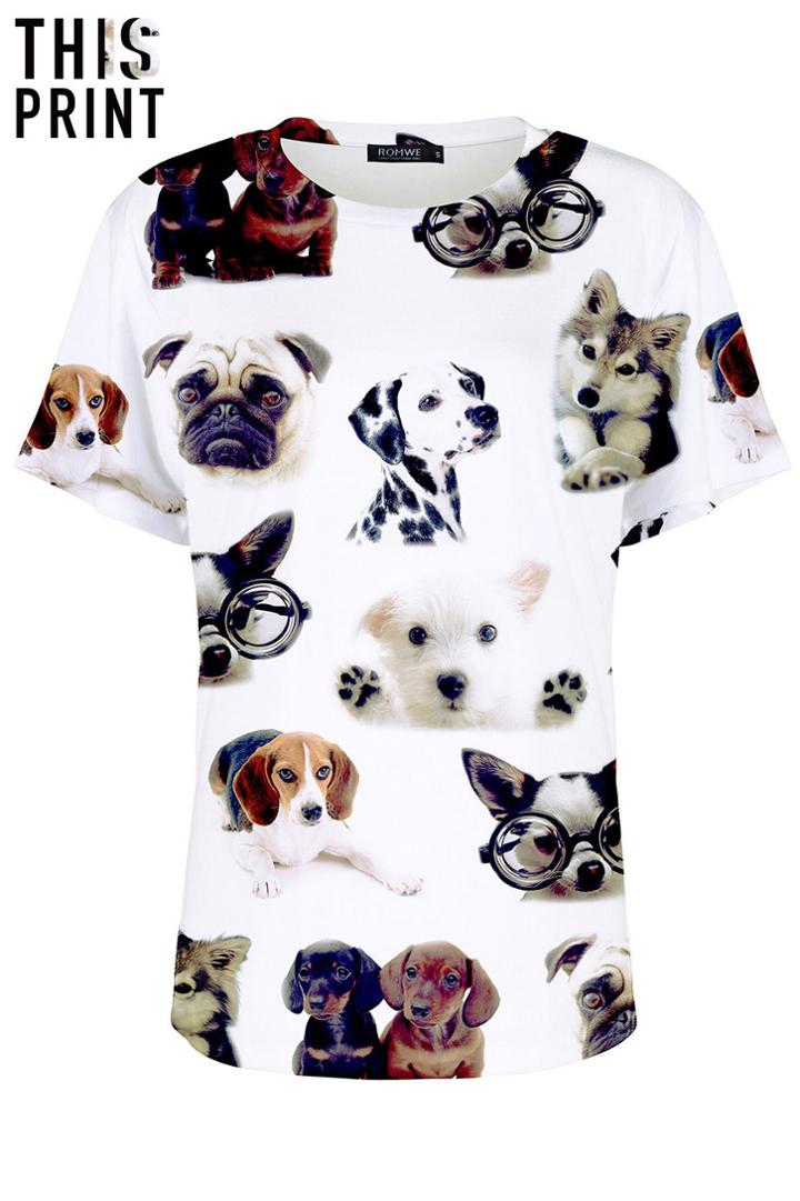 Romwe This Is Print Doggies Print White T-shirt