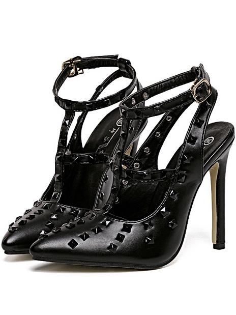 Romwe Black Pointy Cutout Studded Heels