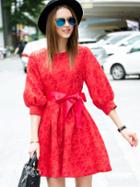 Romwe Red Round Neck Half Sleeve Tie-waist Jacquard Dress