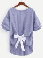 Romwe Blue Striped Tie Front Lantern Sleeve Blouse