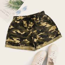 Romwe Camo Print Roll Up Hem Drawstring Shorts