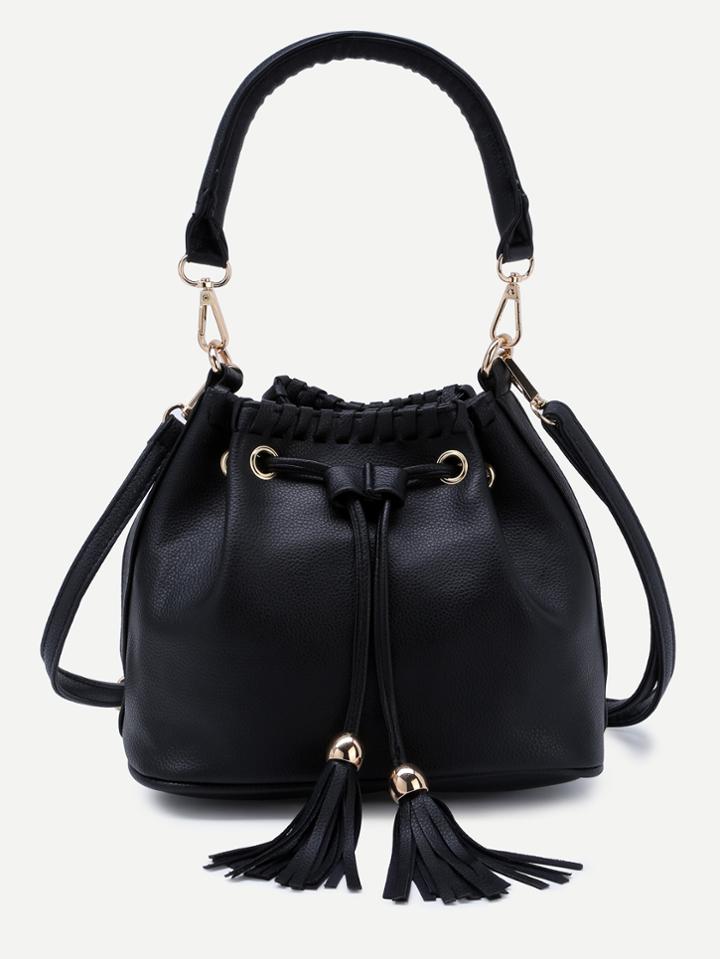 Romwe Black Faux Leather Tassel Drawstring Bucket Bag