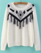 Romwe Geometric Print Tassel White Sweater