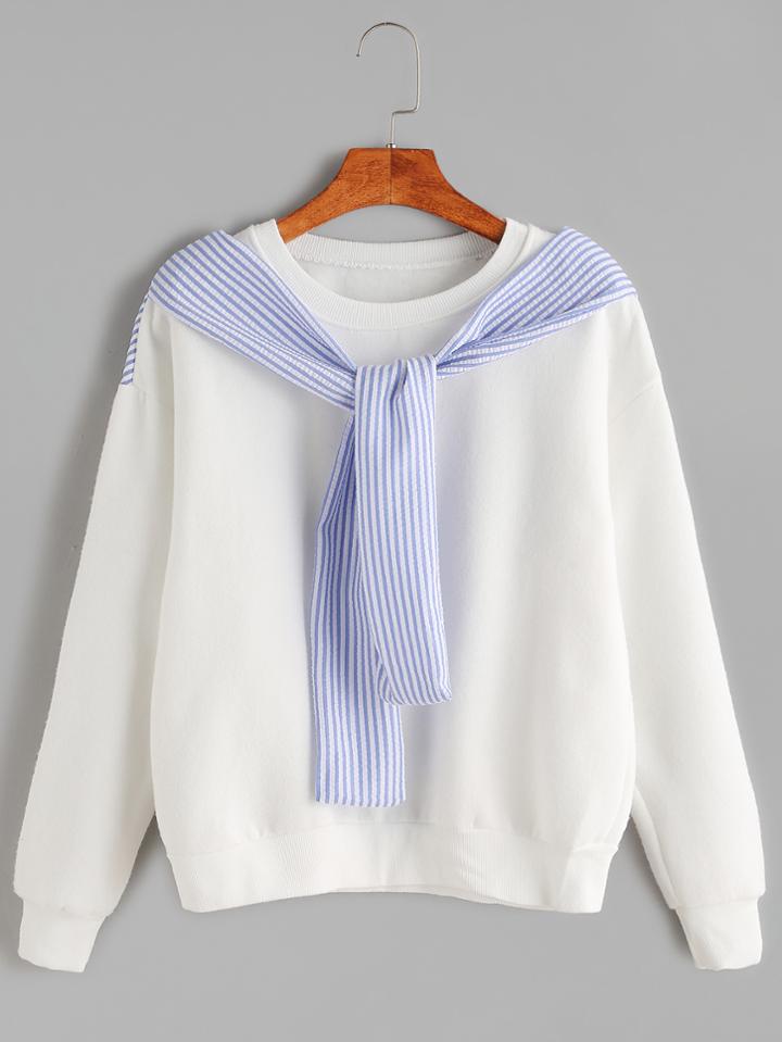 Romwe White Contrast Striped Knot Front Sweatshirt