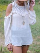 Romwe Open Shoulder Fringe Chiffon White Blouse