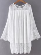 Romwe White Bell Sleeve Embroidery Hollow Lace Dress
