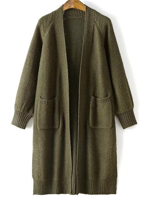 Romwe Army Green Raglan Sleeve Side Slit Long Cardigan With Pockets