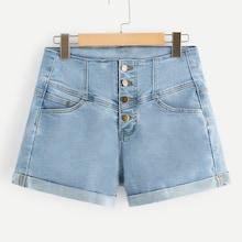 Romwe Rolled Up Hem Buttoned Fly Denim Shorts