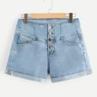 Romwe Rolled Up Hem Buttoned Fly Denim Shorts