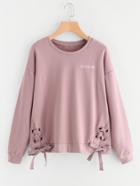 Romwe Grommet Lace Up Hem Embroidered Pullover