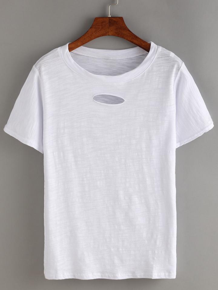 Romwe Cutout Neck White T-shirt