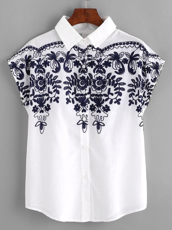 Romwe Batwing Sleeve Embroidery Shirt