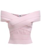 Romwe Off-shoulder Striped Crop Pink Top