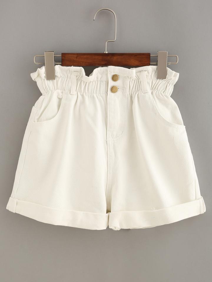 Romwe Ruffle Waist Rolled Hem White Denim Shorts