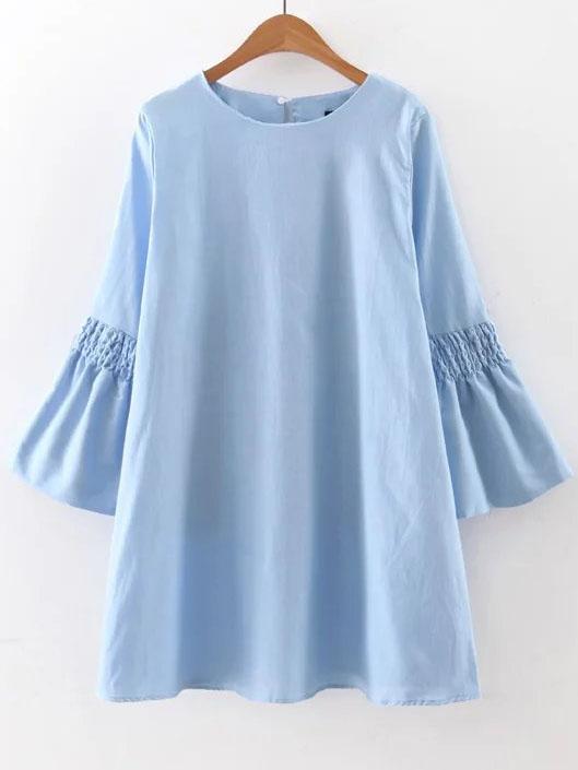 Romwe Blue Bell Sleeve Button Back Shift Dress