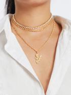 Romwe Rose Pendant Chain Necklace Set With Rhinestone