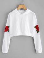 Romwe Embroidered Rose Applique Crop Hoodie