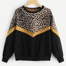 Romwe Plus Contrast Leopard Drop Shoulder Sweatshirt
