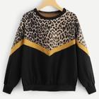 Romwe Plus Contrast Leopard Drop Shoulder Sweatshirt