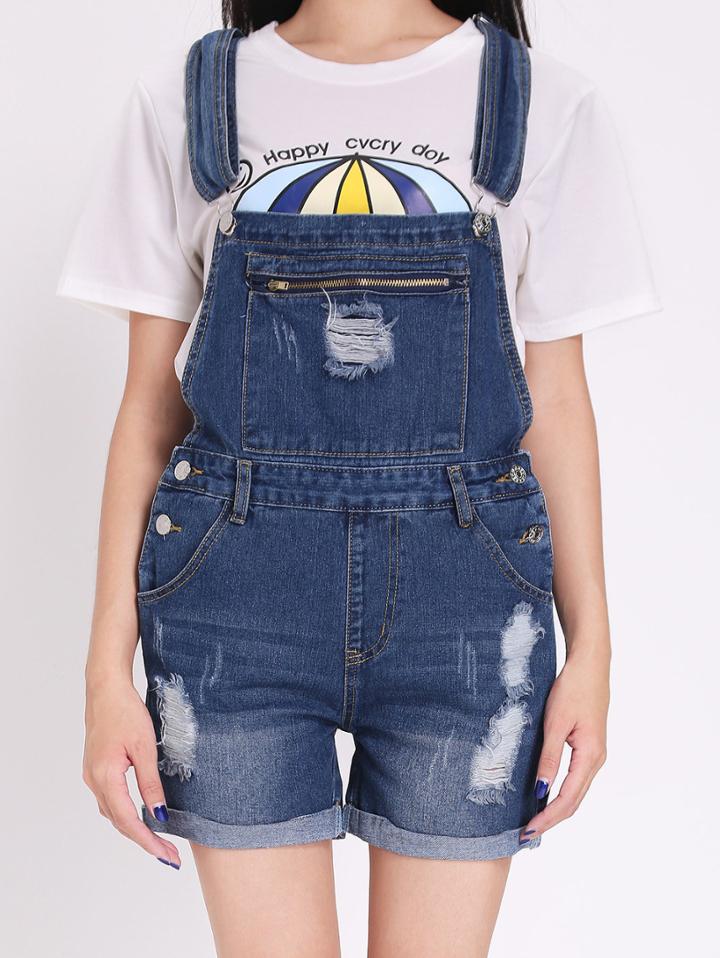 Romwe Strap Bleached Ripped Cuffed Denim Romper