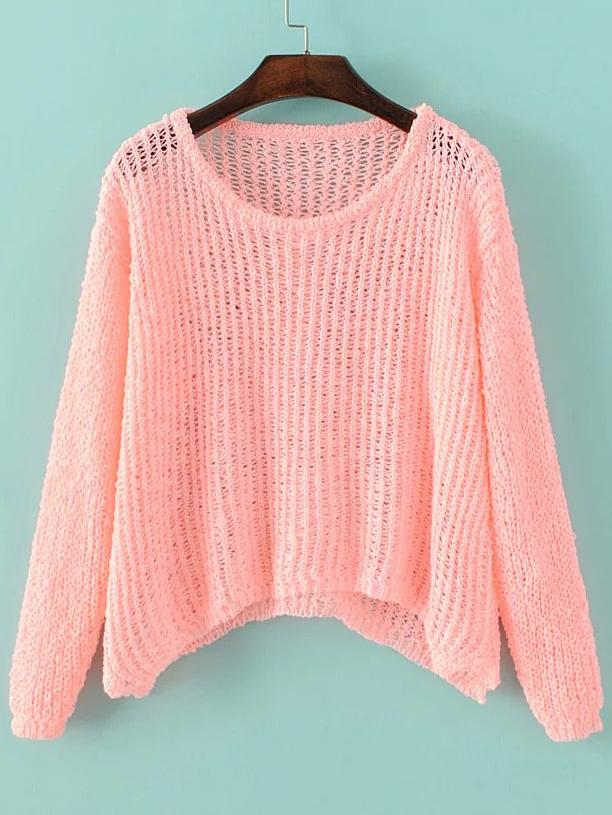Romwe Pink Hollow Out Long Sleeve Batwing Sweater