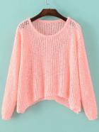 Romwe Pink Hollow Out Long Sleeve Batwing Sweater
