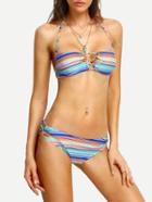 Romwe Colorful Stripped Halter Crisscross Bikini Set