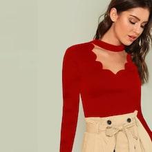 Romwe Choker V Neck Scallop Trim Tee