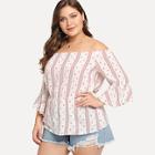 Romwe Plus Graphic Print Flounce Sleeve Off The Shoulder Blouse