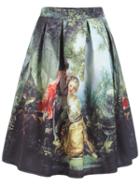 Romwe Oil Painting Print Flare Skirt