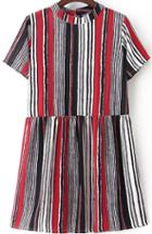 Romwe Short Sleeve Vertical Striped Red Dress