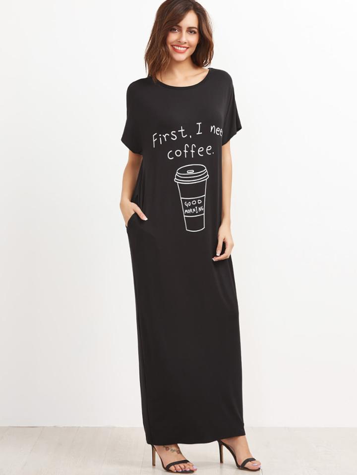Romwe Graphic Print Tee Dress With Side Pocket
