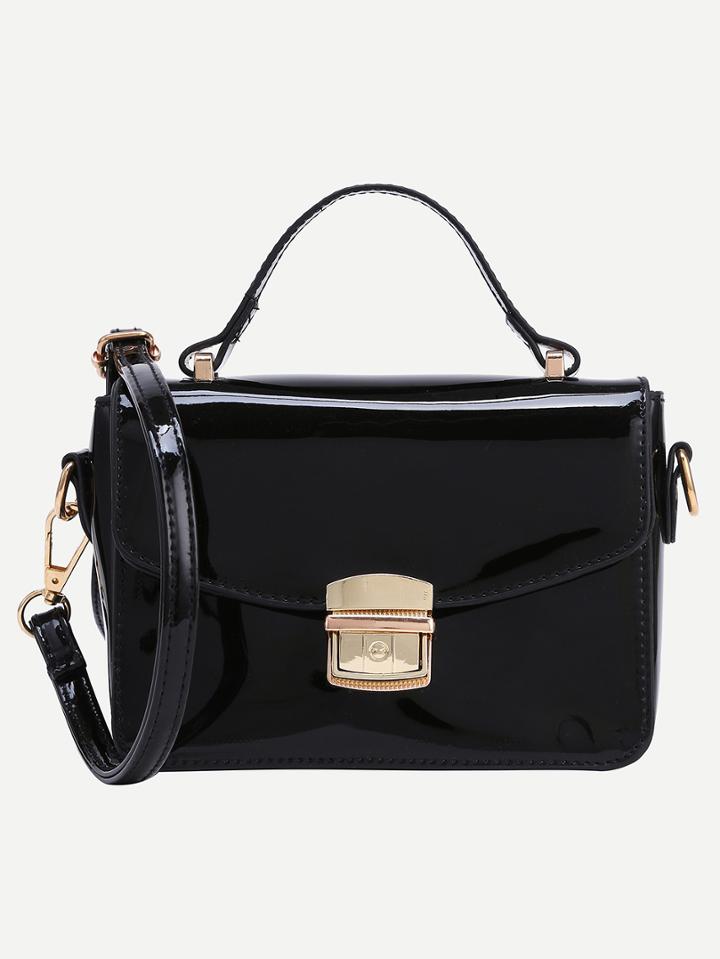 Romwe Faux Patent Leather Push-lock Flap Bag - Black