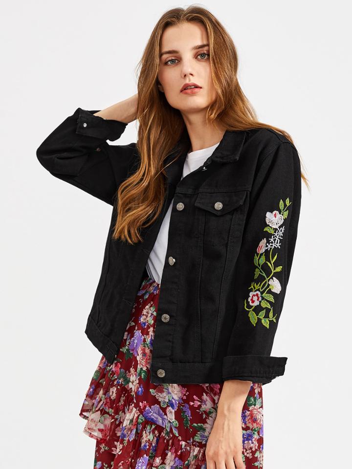 Romwe Floral Embroidered Button Front Denim Jacket With Pockets