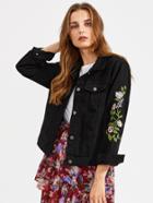 Romwe Floral Embroidered Button Front Denim Jacket With Pockets