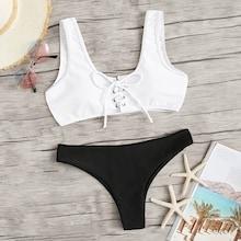 Romwe Two Tone Lace-up Bikini Set