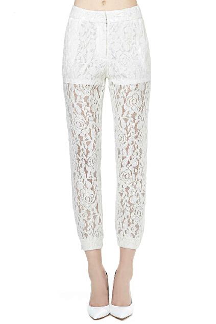 Romwe Lace Hollow Slim White Pants