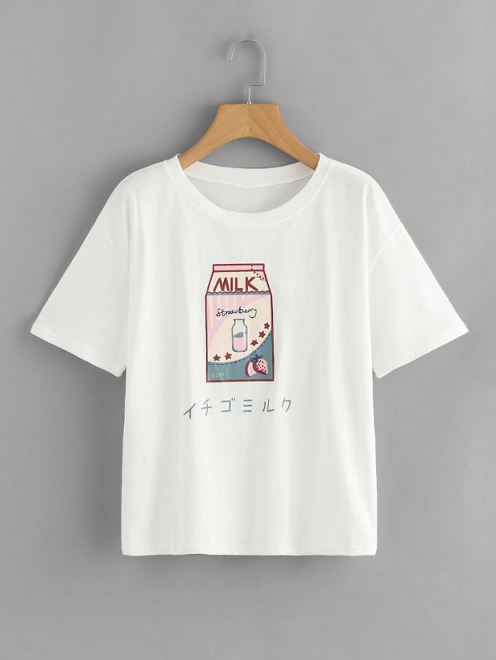 Romwe Round Neck Milk Print Tee