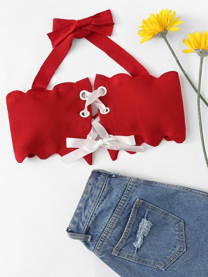 Romwe Eyelet Lace Up Open Back Crop Top