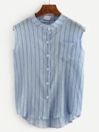 Romwe Blue Vertical Striped Sleeveless High Low Blouse