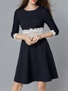 Romwe Navy Contrast Crochet Hollow Out Striped Dress