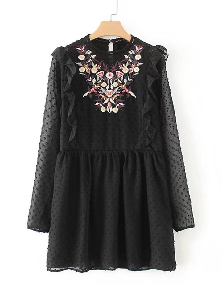 Romwe Ruffle Detail Dot Textured Embroidery Dress