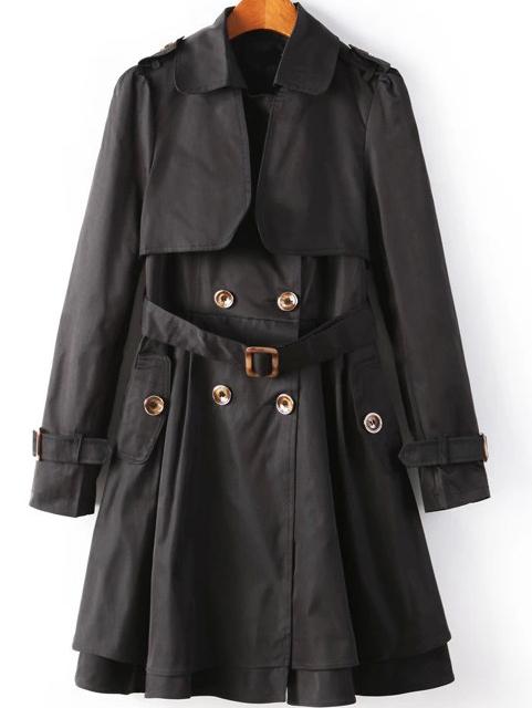 Romwe Lapel Double Breasted Layered Belt Black Coat