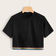 Romwe Rainbow Striped Tape Hem Crop Tee
