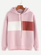 Romwe Pink Contrast Drop Shoulder Drawstring Hooded Sweatshirt
